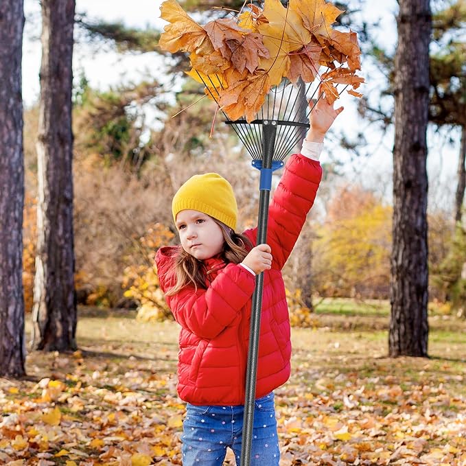 Adjustable Metal Leaf Rake Long Handle, 60 inch Garden Rakes for Lawns Heavy Duty Leaves with Expandable Head 8-17", Yard Women Kids Rake for Gardening RV Camping