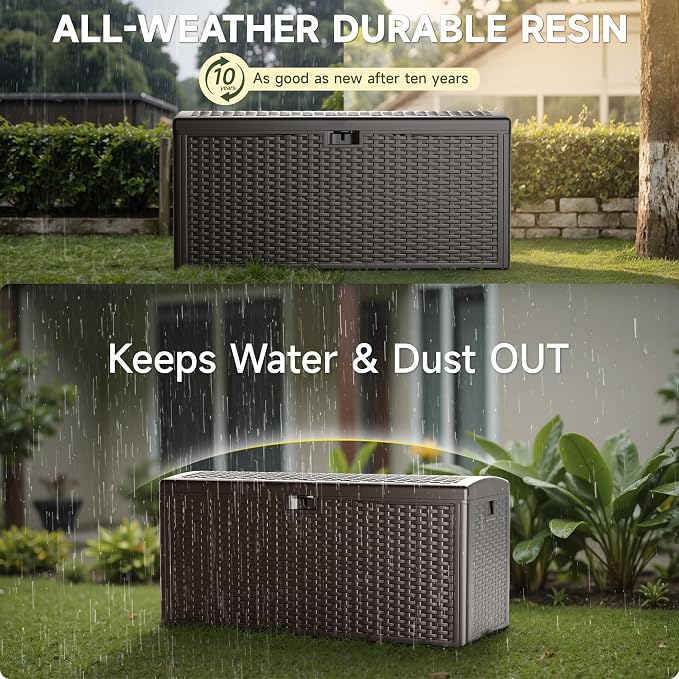 Deck Box, Lockable & Waterproof Resin, UV Resistant Storage Box for Patio, Garden, Pool (Dark Brown, 150 Gallon)