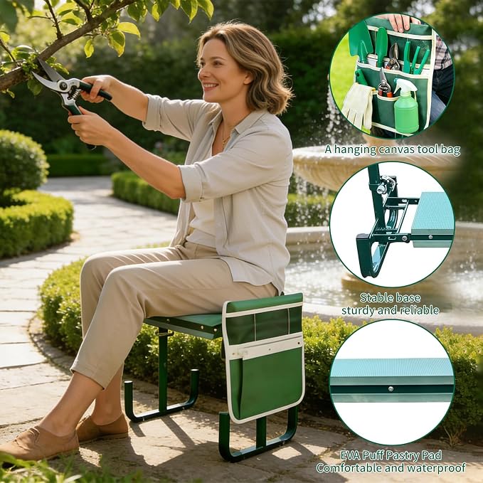 Adjustable Garden Kneeler and Seat, Foldable Garden Kneeler and Seat with Wider Kneeling Pad and 2 Tool Pouches Height Adjustable Heavy Duty Gardening Stool