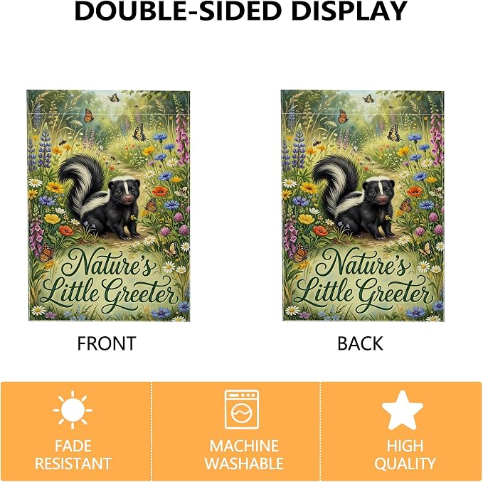 Skunk House Flag, Nature Fanciful Butterfly Flowers Spring Green Burlap Double Sided Front Porch Decorative Flags for Outdoor Yard Lawn Patio Doorway Entrance 28x40 Inch