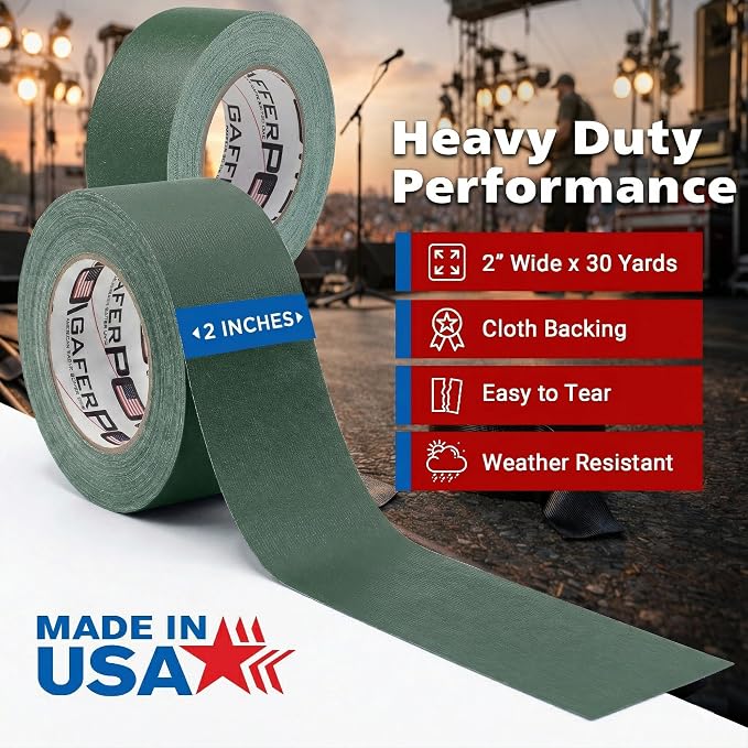 Gaffer Power Forest Green Gaffer Tape 2” x 30 Yards – No Residue, Outdoor Blending, Made in USA, Matte Non-Reflective Cloth Tape for Stage, Gear & Cable Management