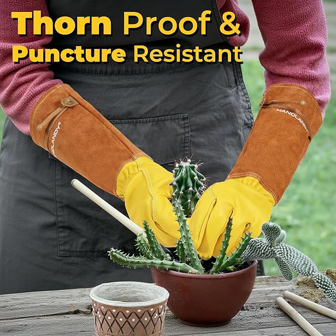 HANDLANDY Long Gardening Gloves for Men & Women, Cowhide Leather Rose Pruning Gloves, Breathable Thorn Proof Gauntlet Glove (Rust Brown, S)