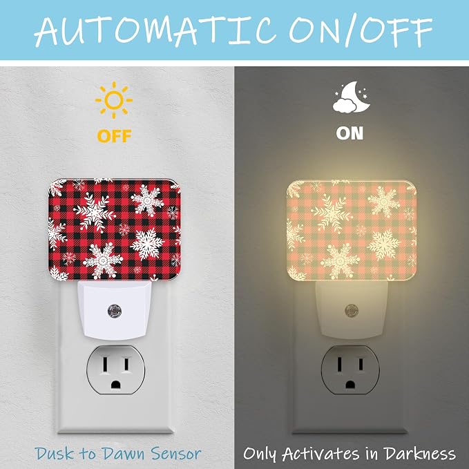 Night Light Snowflakes on Buffalo Plaid Plug-in Wall LED Night Lamp with Dusk-to-Dawn Smart Sensor Lamp for Adult Bedroom Living Room Hallway Kitchen