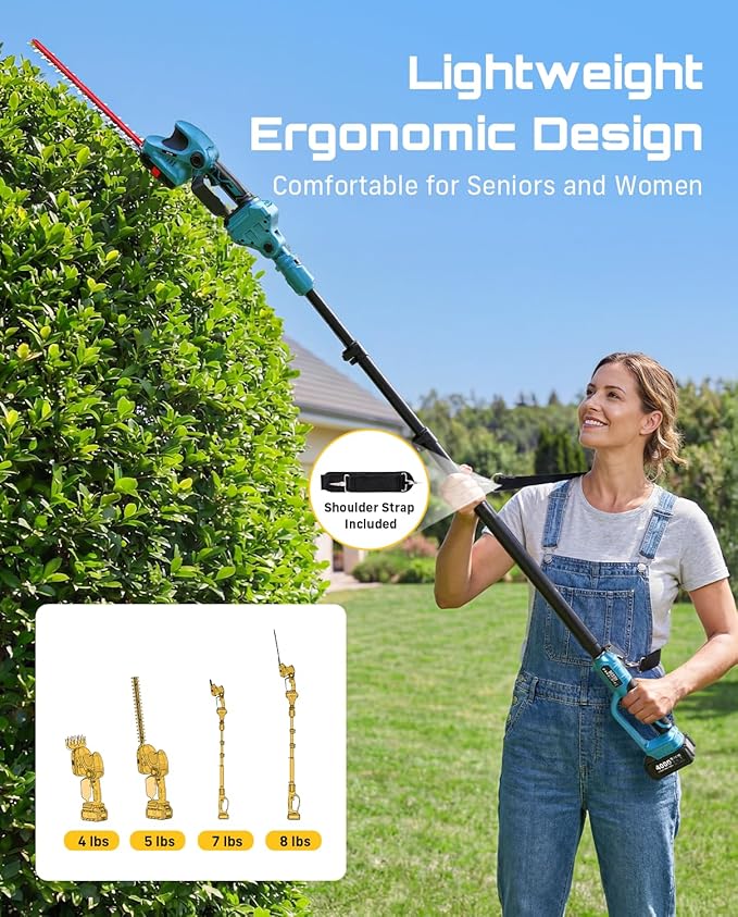 SEESII 4-in-1 Cordless Pole Hedge Trimmer: 20V 9-Ft Telescoping Shrub Trimmer & Grass Shear, 12" & 6'' Dual-Action SK5 Blades, 2 x 4.0Ah Batteries, Shoulder Strap for Tall Hedges & Lawn Edging