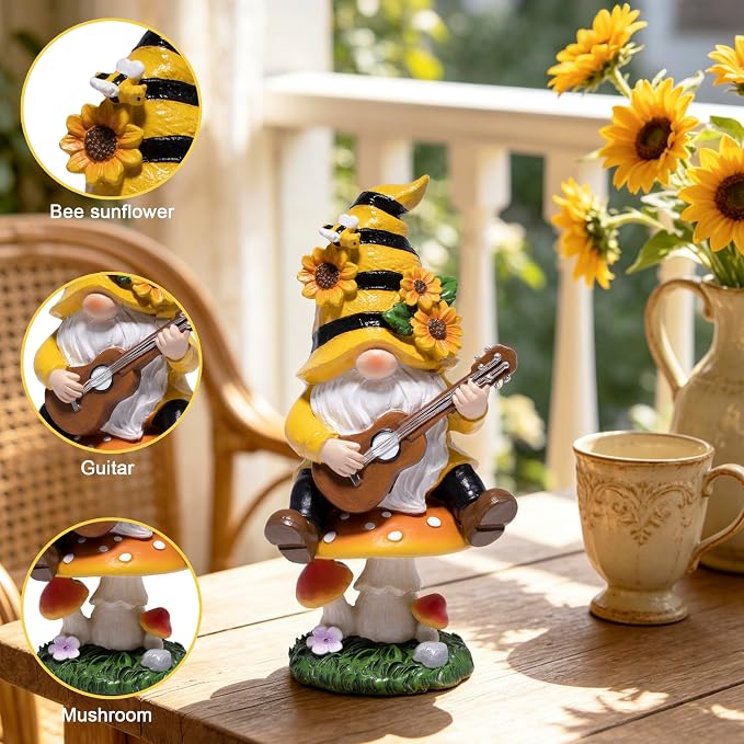 basen Spring Bee Gnome Garden Statue Resin Gnome Figurine with Mushroom Seat and Guitar, Bee Decor for Indoor Outdoor Patio Yard Porch Shelf, Sunflower Home Accent Gift