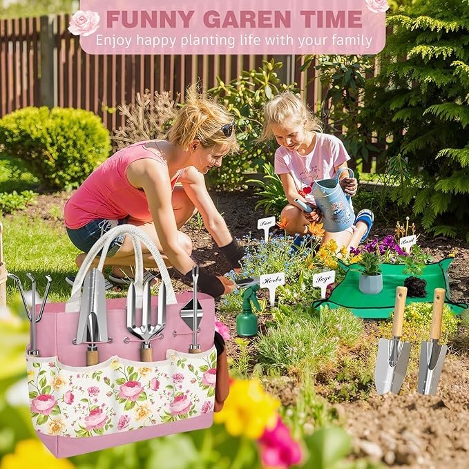 22PCS Garden Tools Set for Women,Birthday Gifts for Mom Wife Grandma,Heavy Duty Hand Tool Kit Gardening Supplies Included Handy Tote Bag/Trowel/Repotting Mat/Rake/Pruner/Gloves/Plant Tags -Pink