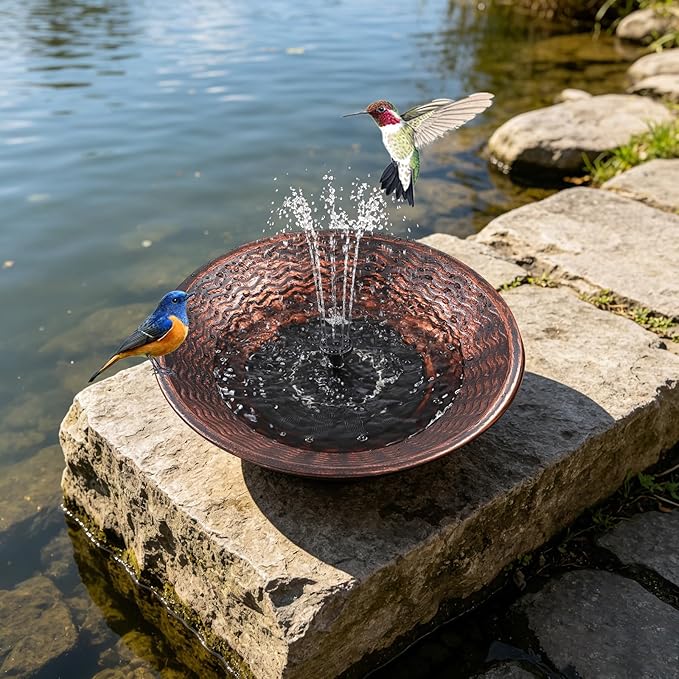 Solar Bird Bath for Outside, 12.4” Outdoor Metal Bird Bath Fountains, Solar Powered Water Fountain for Outdoors Garden Patio Lawn Ground Tabletop Decor (Brown)