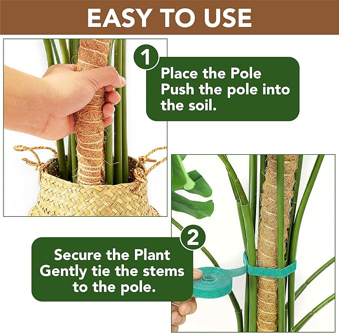 UNCO- Bendable Moss Pole Monstera Plant Support, 48 Inch, 2 Pack, 10 Feet Plant Ties, Moss Poles for Climbing Plants and Monstera Trellis