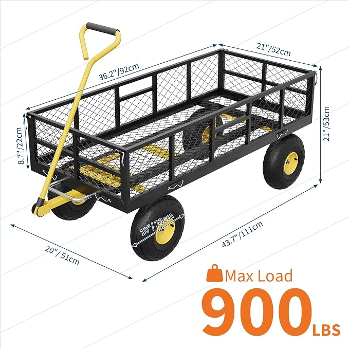 Garvee 900 lbs Steel Garden Dump Cart with Removable Sides, Convert to Flatbed, Heavy Duty Yard Cart with 180°Rotating Handle & 10" All Terrain Wheels, Utility Dump Wagon for Lawn Farm Backyard
