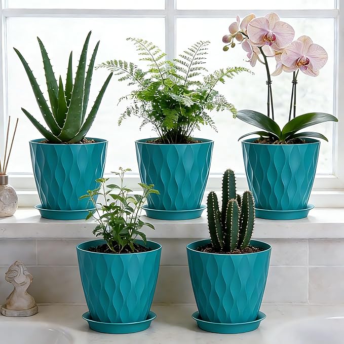 8 Inch Plastic Plant Pots,Set of 5 Flower Pots,Planters with Drainage Holes & Saucers, Indoor Outdoor Garden Pots for Home Decor(Blue-Green)