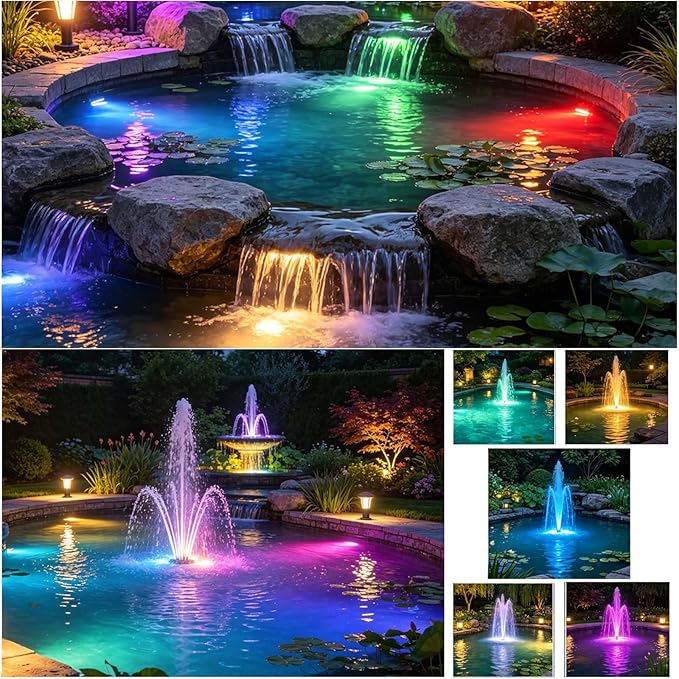 Colored Pond Lights with Timer, RGB Weighted Fountain Light IP68 Waterproof, Dimmable Outdoor Landscape Lights Fish Tank Pond Fountain Garden, 4 in Set