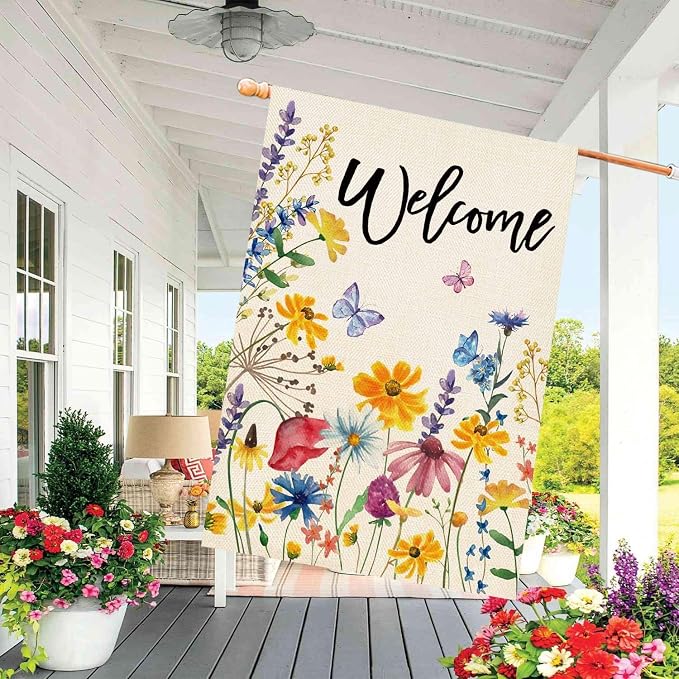 Baccessor Spring Summer House Flag Welcome Floral Leaves Double Sided Large Yard Flag Heavy Duty Seasonal Butterfly Outdoor Outside Patio Decoration 28x40 Inch