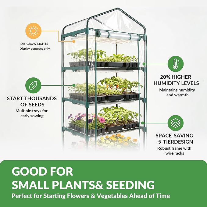 KOL 27x19x76 in PVC Cover 5-Tier Mini Greenhouse, Indoor Outdoor | Portable seed starter plant stand, winter orchid frost protection, apartment balcony patio