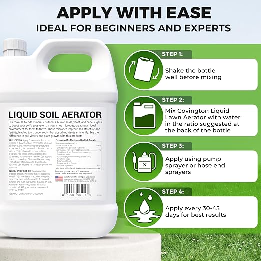 Covington Liquid Lawn Aerator (1 Gallon) – Soil Conditioner & Softener for Lawns & Gardens – Loosens Clay & Compacted Soil for Better Water & Nutrient Absorption – Liquid Aeration Concentrate