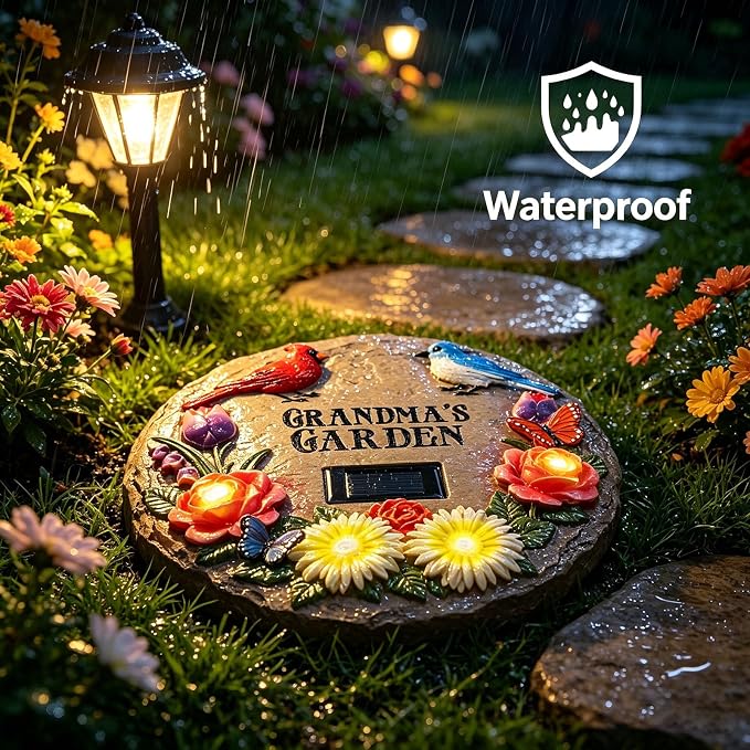 Stepping Stones Outdoor for Grandma's Garden with Solar Lights and Cardinal Robin Birds Flowers, Garden Stepping Stones Grandma Gifts for Mothers Day for Walkway, Yard, Patio Decor