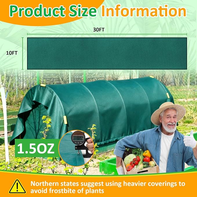Green Plant Covers Freeze Protection, 10 x 30 ft - 1.5 oz/yd² Frost Cloths for Outdoor Plants, Tree Covers Freeze Protection, Winter Garden Blanket, Sun Cover for Plants for Greenhouse, Vegetables