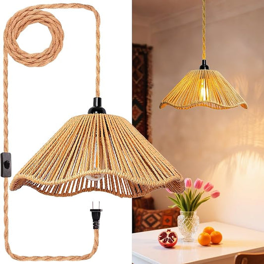 Hanging Lights with Plug in Cord Rattan Hanging Lamp Boho Ceiling Light Fixtures Farmhouse Pendant Lamp Shape for Living Room Bedroom Kitchen