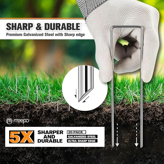 M MEEPO 20-Pack 6 Inch Heavy Duty Landscape Staples, Rust-Proof Galvanized Garden Stakes, 11 Gauge 5X Sharper U-Pins for Inflatables, Dog Fence, Tents, Weed Barrier, Outdoor Decor & Garden Repair