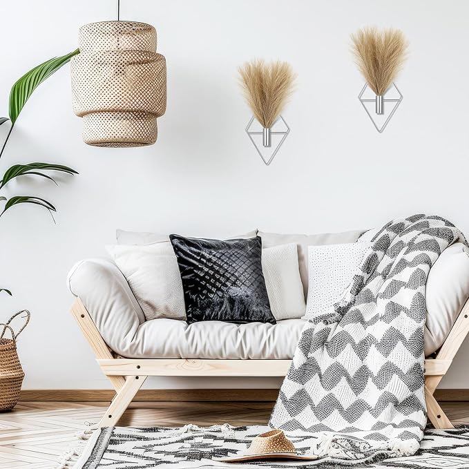 Canlierr 2 Pieces Boho Wall Decor Hanging Planters with Artificial Plants Metal Hanging Vase Indoor Plants Holder Modern Wall Art for Bathroom Bedroom Living Room Decor, Silver, Pampas Grass