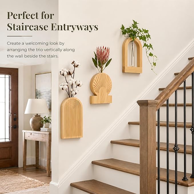 TBWIND Wooden Wall Vases for Flowers Set of 3, Propagation Planter with 2 Glass Tubes, Modern Farmhouse Hanging Wood Decor for Living Room, Entryway (Natural)
