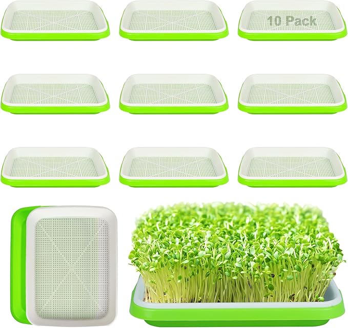 Seed Sprouting Tray, 10 Packs Microgreens Growing Trays Big Capacity Sprouts Growing Kit Soil-Free Sprouter Tray for Sprouting Seeds, Beans, Wheatgrass (Without Lids)