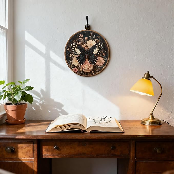 DOFQZ Vintage Dark Floral Butterfly Round Wall Art Decor, Moody Black Butterfly Framed Wall Art, Dark Academia Gothic Moth Canvas Wall Hanging Decor for Home Bedroom Living Room, 10x10