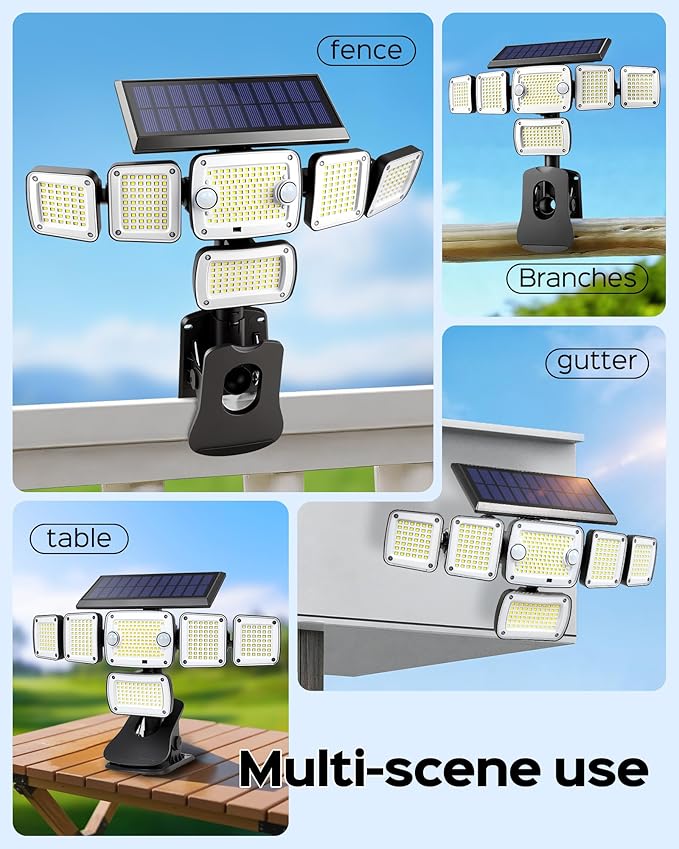 Solar Flood Lights Outdoor,6000LM 336 LEDs Dual Clip on Motion Sensor Lights with 360° Wide Angle &3 Modes, IP65 Waterproof Security Lights for Yard Patio Garage Garden,1Pack