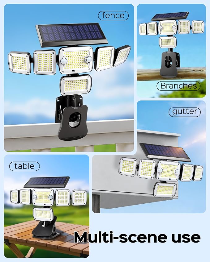 Solar Flood Lights Outdoor,6000LM 336 LEDs Dual Clip on Motion Sensor Lights with 360° Wide Angle &3 Modes, IP65 Waterproof Security Lights for Yard Patio Garage Garden,2Pack
