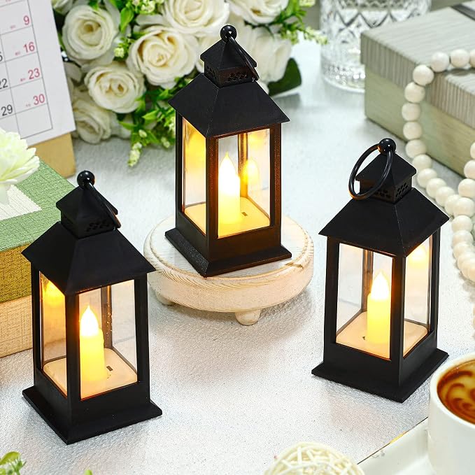 Hoolerry 24 Set 5.5'' Mini Lanterns with LED Candle for Wedding Centerpiece Vintage Decorative Hanging Small Lantern Battery Powered for Halloween Wedding Table Centerpiece(Black)