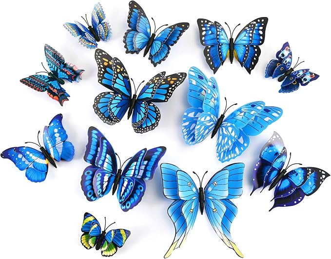 SAOROPEB 3D Butterfly Wall Decor, 72 Pcs Double Layer Butterfly Decorations for Party Decorations Locker Decor Refrigerator Decal, Reusable (Blue)