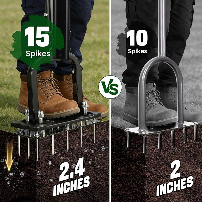 Lawn Aerator Spike Tool with 15 Iron Spikes & 6-Spring, Dual-Layer Self-Cleaning Design, Thickened Support Rod, Plastic Non-Slip Shell, Effortless Soil Loosening & Yard Aeration