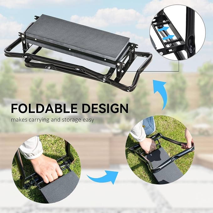 Outsunny Garden Kneeler Seat Stool Bench Kneeling Pad and 1 Large Side Tool Pouch & Easy Folding Design for Storage, Gray