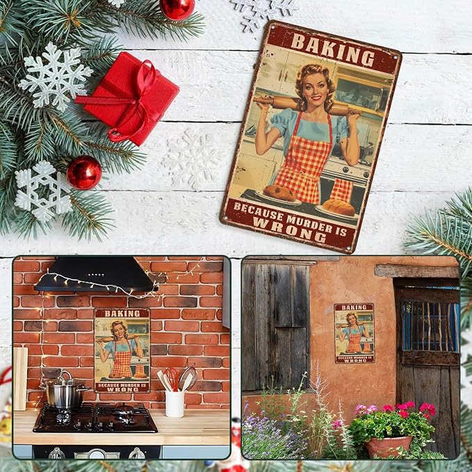 Retro Women Tin Sign Baking Because Murder is Wrong Funny Rustic Wall Decor Wall Art Vintage Print Metal Signs Poster Bar Pub Shop Home Office Indoor 12 * 8in