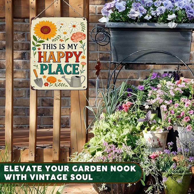 PEACHGARDEN Garden Signs This Is My Happy Place for Woman Gifts Garden Wall Decor Metal Tin Sign for Patio Yard She Shed Cabin 12x16 inch