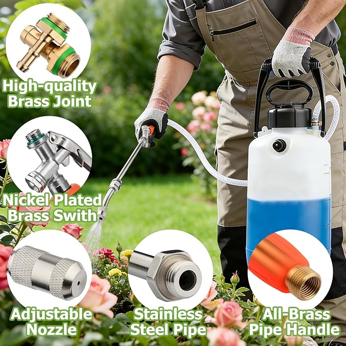 Replacement Pump Sprayer Wand, 41 Inch All Metal Spray Wand with Stainless Steel Extension Tubes, 1/4" 3/8" Brass Barbs & 3/4" Garden Hose Joint Parts for Weed Lawn Plants Careing Watering