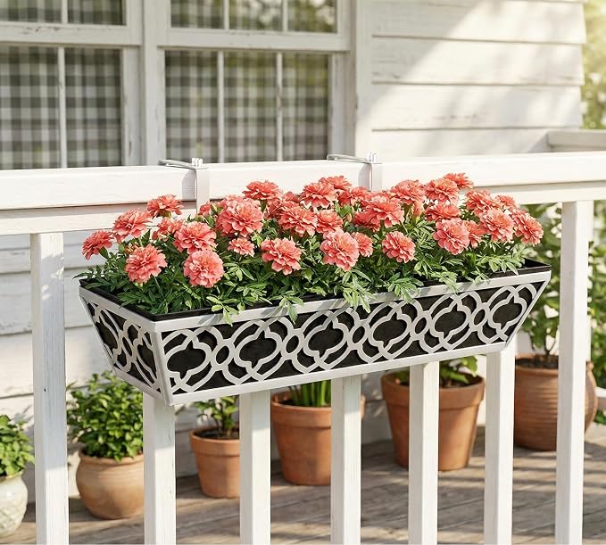 Y&M 4Pcs 24'' Railing Planter Box Set with Black Non-Woven Fabric Liner, Flower Boxes with Adjustable Brackets, Large Metal Hanging Window Boxes for Fence, Deck, Balcony, and Garden
