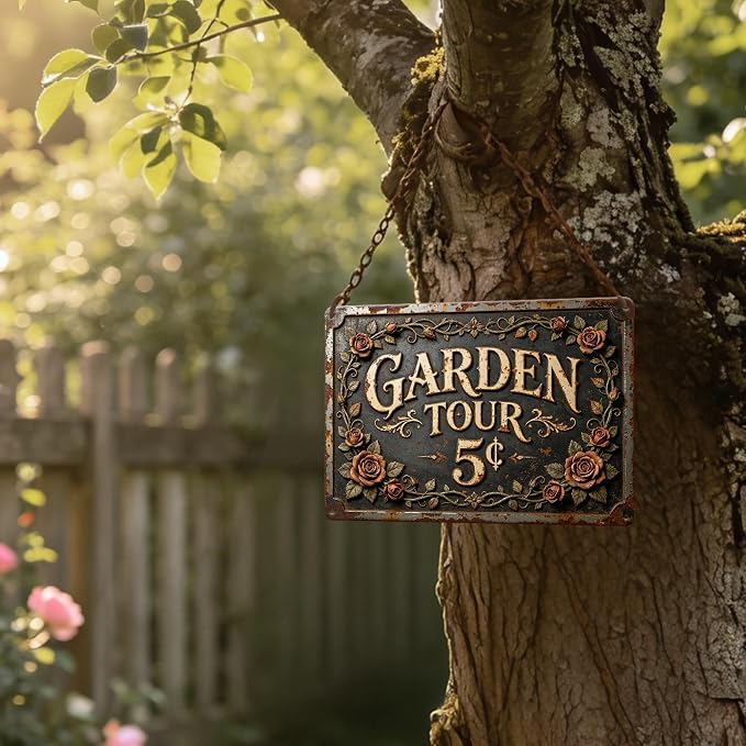 2D Flat Funny Garden Signs, Garden Tour 5¢ Vintage Outdoor Wall Decor for Patio Yard Greenhouse Home, Waterproof Garden Gifts 12x8 Inch