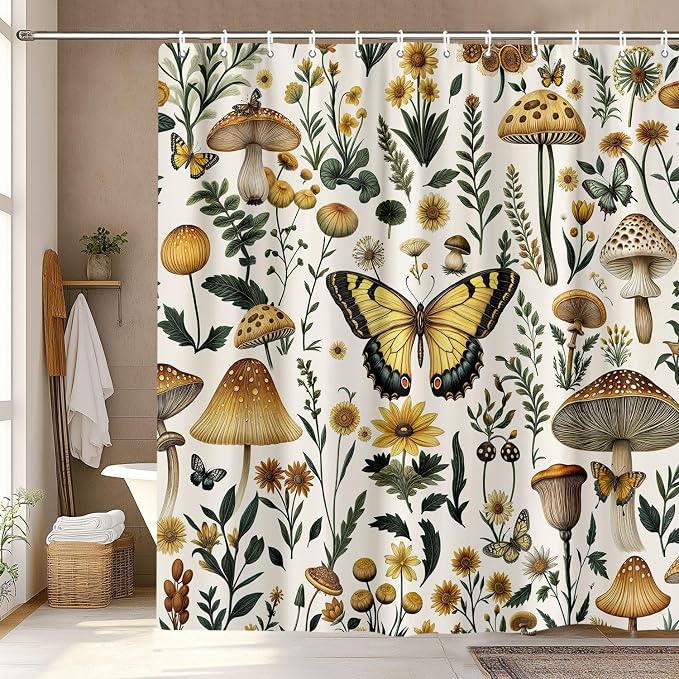 Rustic Boho Mushroom Shower Curtain, Vintage Chic Butterfly Botanical Floral Farmhouse Cottagecore Aesthetic Shower Curtain Set with Hook, Fairy Witchy Plant Shower Curtain for Bathroom 72X72 Beige