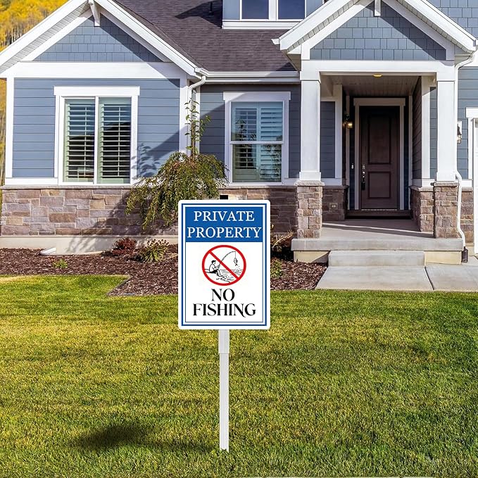 Private Property No Fishing Yard Sign With Stakes Do Not Fish Warning Signs Reflective Rustproof Aluminium Pool Lake Stand Outdoor 8X12 IN
