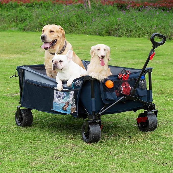 Timber Ridge 600L Beast Wagon 26" W Extra Wide All Terrain Folding w/Big Wheels, Cargo Net & Tailgate, 26" W and 55.25" L, 500lbs Heavy Duty Collapsible Portable Cart for Camping, Sports, Dogs, Blue