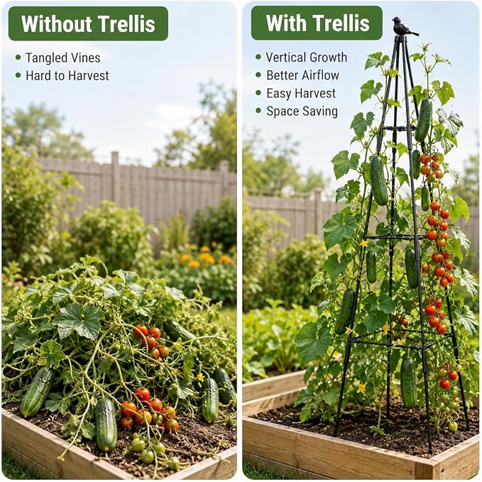 OTOSUNNY Garden Obelisk Trellis for Climbing Plants Outdoor, 67" Tall Tomato Cage Cucumber Trellis for Raised Garden Bed, Metal Climbing Plants Support for Vine Flower Vegetable Peas Bean, 2 Pack