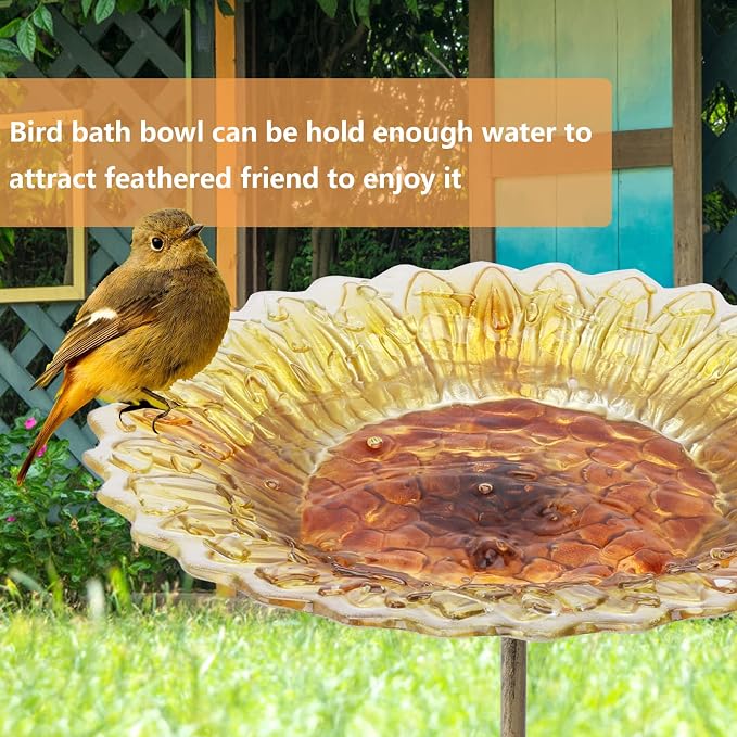MUMTOP Glass Bird Bath, Garden Outdoor Birdbaths Birdfeeder with Metal Stake, Golden