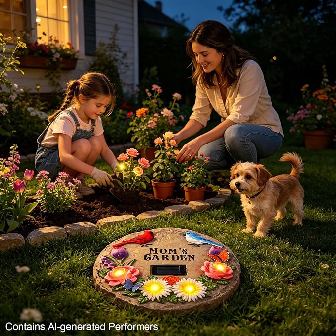 Stepping Stones Outdoor Solar Lights for Mother's Day with Cardinal Robin Birds Flowers and Mom's Garden Signs, Garden Gifts for Mom Resin Path Light with 4 LED Lamps for Walkway Yard 10 Inch