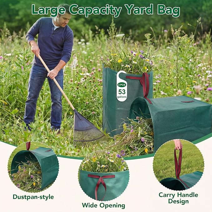 Dntorx 53 Gallon Leaf Collector, 2-Pack Reusable Yard Waste Bags Lawn Leaf Bags With Dustpan-Style Opening And Handle, For Leaves,Grass,Storm Debris,Construction Waste, Heavy-duty&Foldable