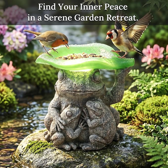 MXwcy Solar Frog Garden Statue with Bird Feeder, 7.8'' Resin Frog Family Solar Garden Light Outdoor Waterproof, Cute Yard Decor for Patio Lawn Backyard, Garden Gifts for Mom Grandma Women