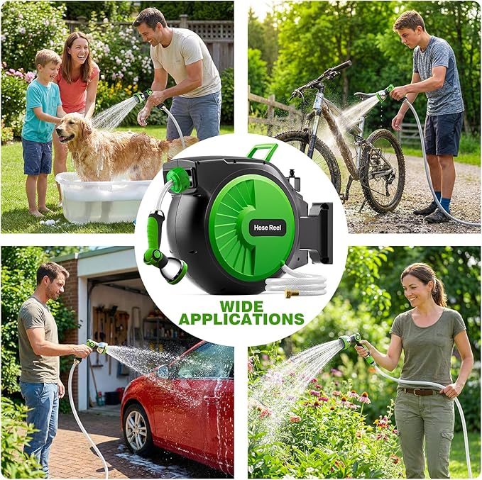 Retractable Garden Hose Reel 100FT x 1/2 in, Wall Mount Water Hose Reel for Outside with Auto Rewind, Tangle-Free Guide, 180° Swivel Bracket, Lock at Any Length, High-Pressure Flow, 10-Pattern Nozzle