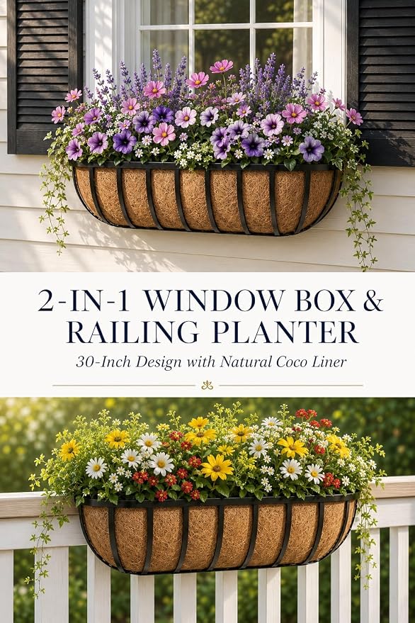 Railing Planter Boxes 30 Inch 4 Pack, 2-in-1 Heavy Duty Adjustable Hanging Window Box Planters with Coco Liners and Support Rods for Deck, Porch, Patio, Outdoor Garden