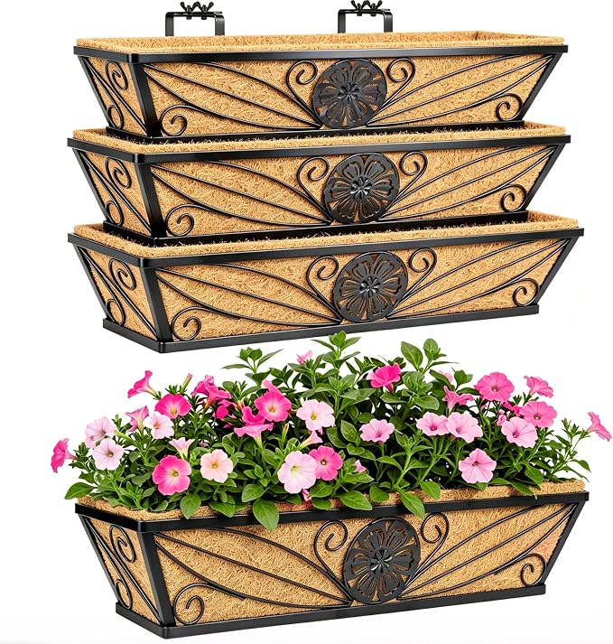 4 Pack 24 Inch Railing Planter Boxes with Coco Liner, Floral Scroll Metal Window Box Planters for Outdoor Plants, Black Hanging Window Baskets for Garden, Patio, Balcony Railing Decor