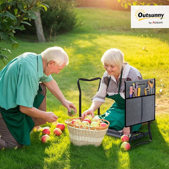 Outsunny Garden Kneeler Seat Stool Bench Kneeling Pad and 1 Large Side Tool Pouch & Easy Folding Design for Storage, Gray