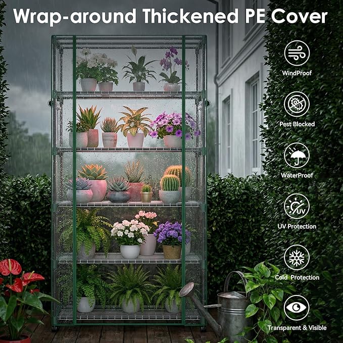 5 Tier Indoor Greenhouse with Grow Lights & Wheels & 2 Ventilation Windows & 5 Shelves , 36"x19"x70" Mini Greenhouse with Wheels & Transparent PE Cover